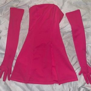 Miscreants London hot pink Cupid split dress and gloves